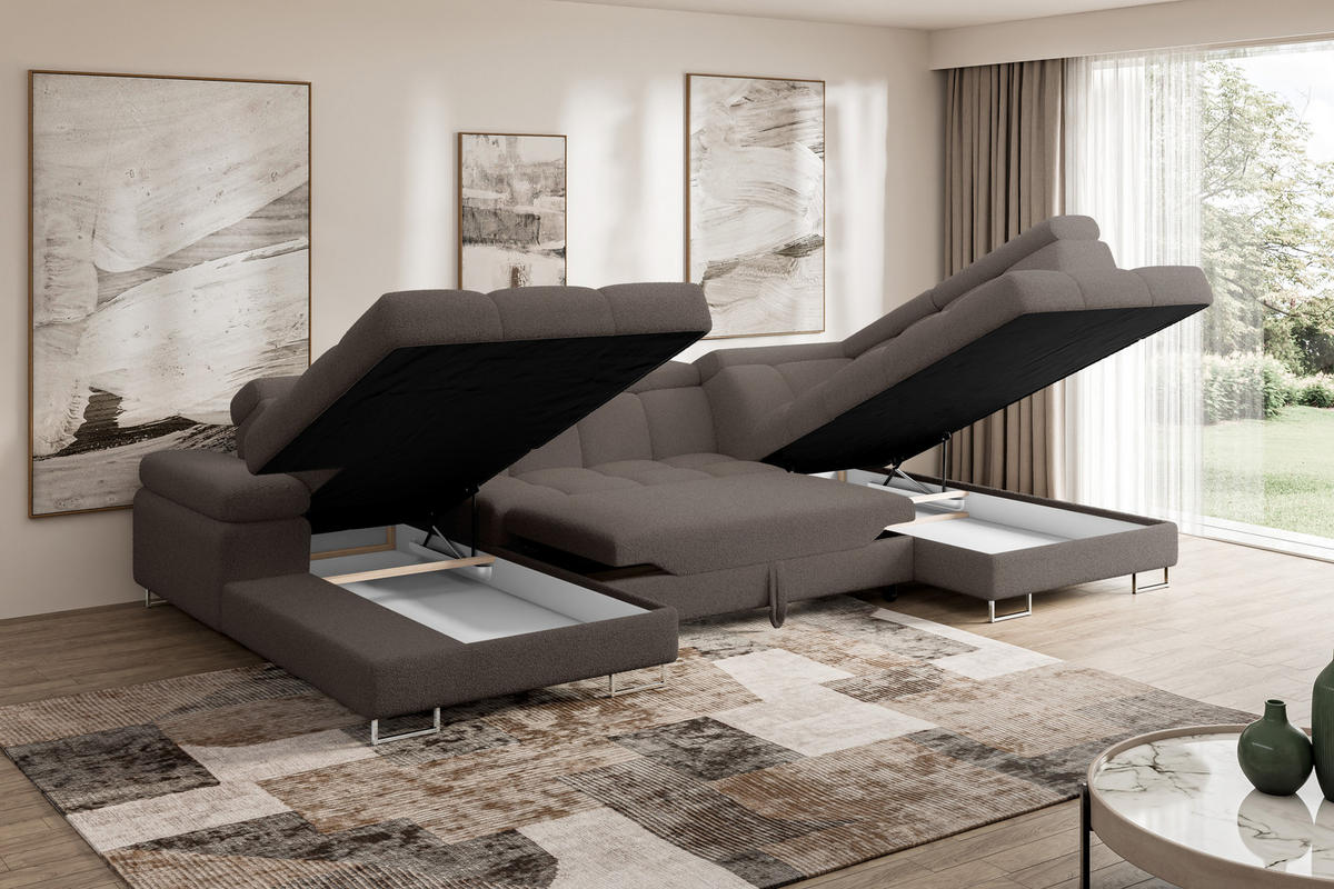 WOHNLANDSCHAFT mit Schlaffunktion und Bettkasten Ottomane RECHTS COMA U 345x203x79 Braun Bouclé - Dunkelbraun, Holzwerkstoff/Textil (203/79/345cm) - ALTDECOR