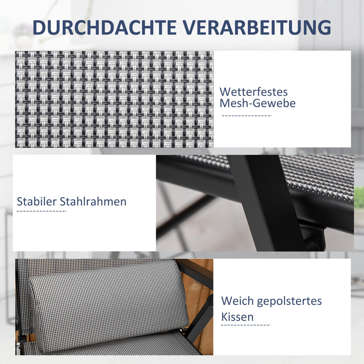 GARTENLIEGE 1 Position verstellbar Textilene Stahl Schwarz+Grau 70 x 65 x 111 cm - Grau, Kunststoff (65/111/70cm) - Outsunny