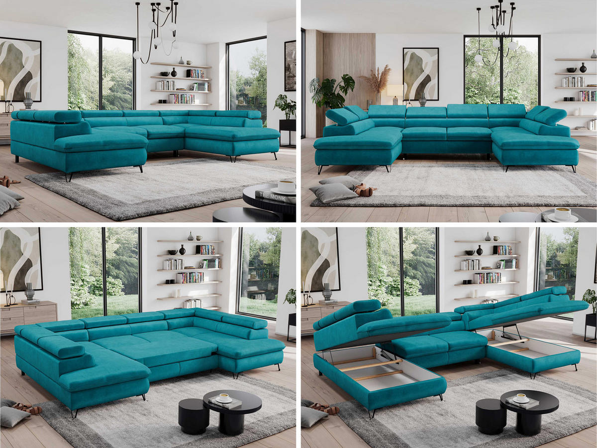 WOHNLANDSCHAFT PEDRO U Samt Dunkelblau - Schwarz/Dunkelblau, Textil/Metall (346/76/208cm) - MKS