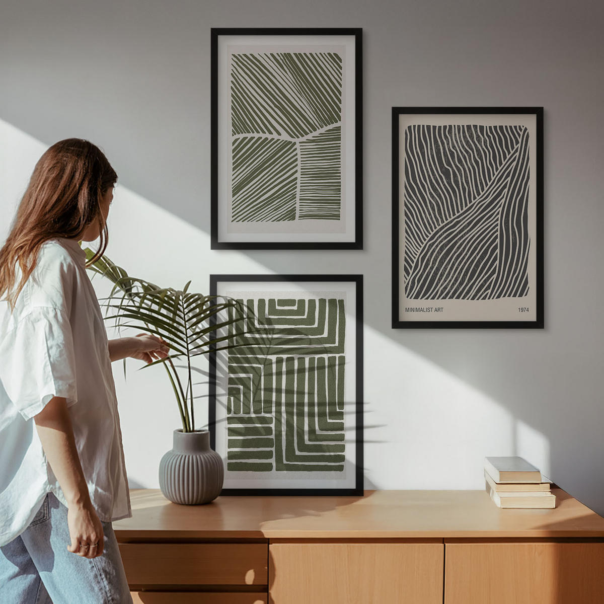 BILDER SET 3er Set - 40x60 cm Schwarzer Rahmen - Muster Linien Formen grün - Schwarz, Kunststoff (40/60cm) - TULUP