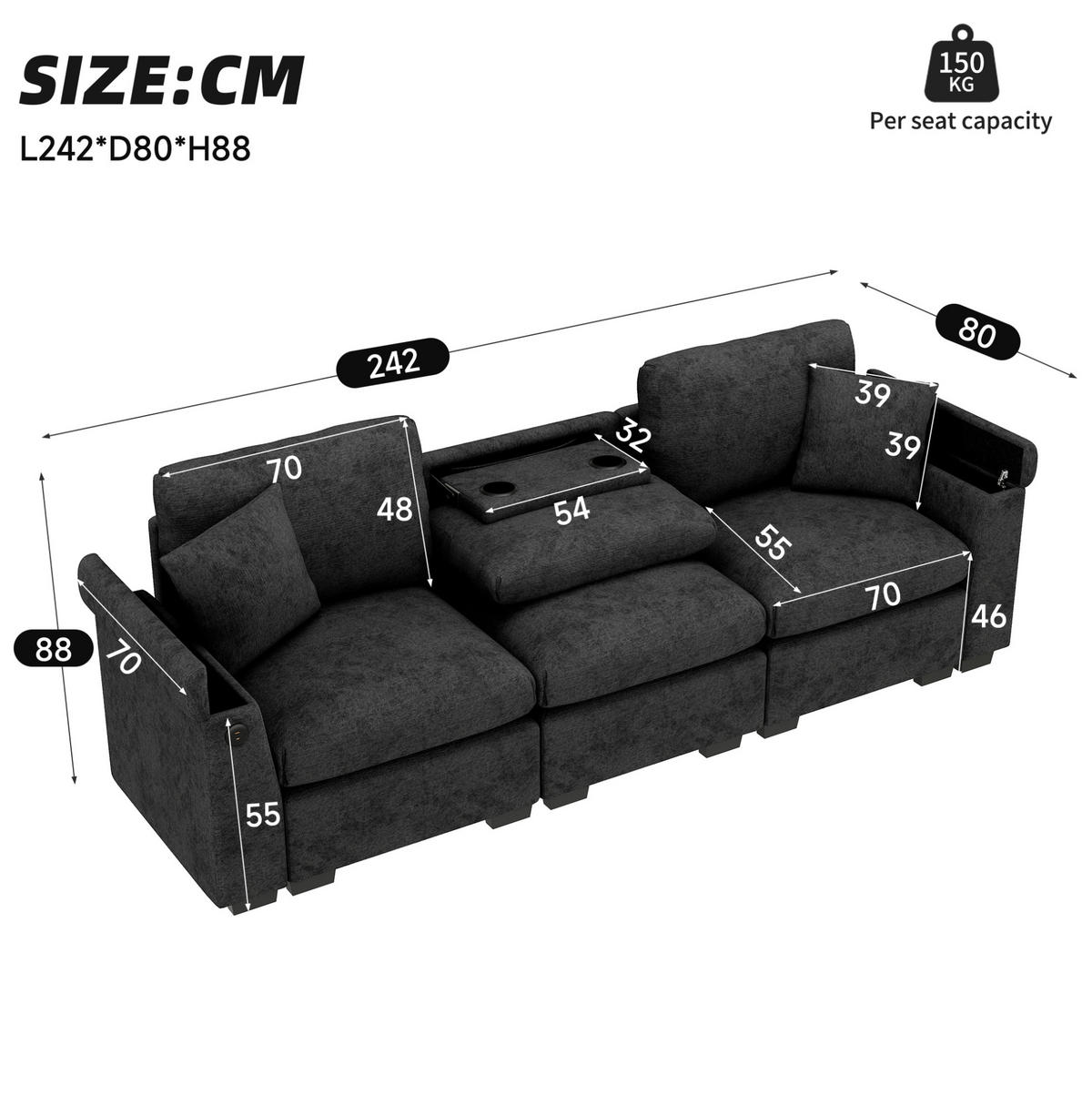 POHOVKA z chenillu, 242/80/88 cm sivá, s USB, sklápacím stolíkom a úložným priestorom - sivá, textil (80/88/242cm) - BEAOK