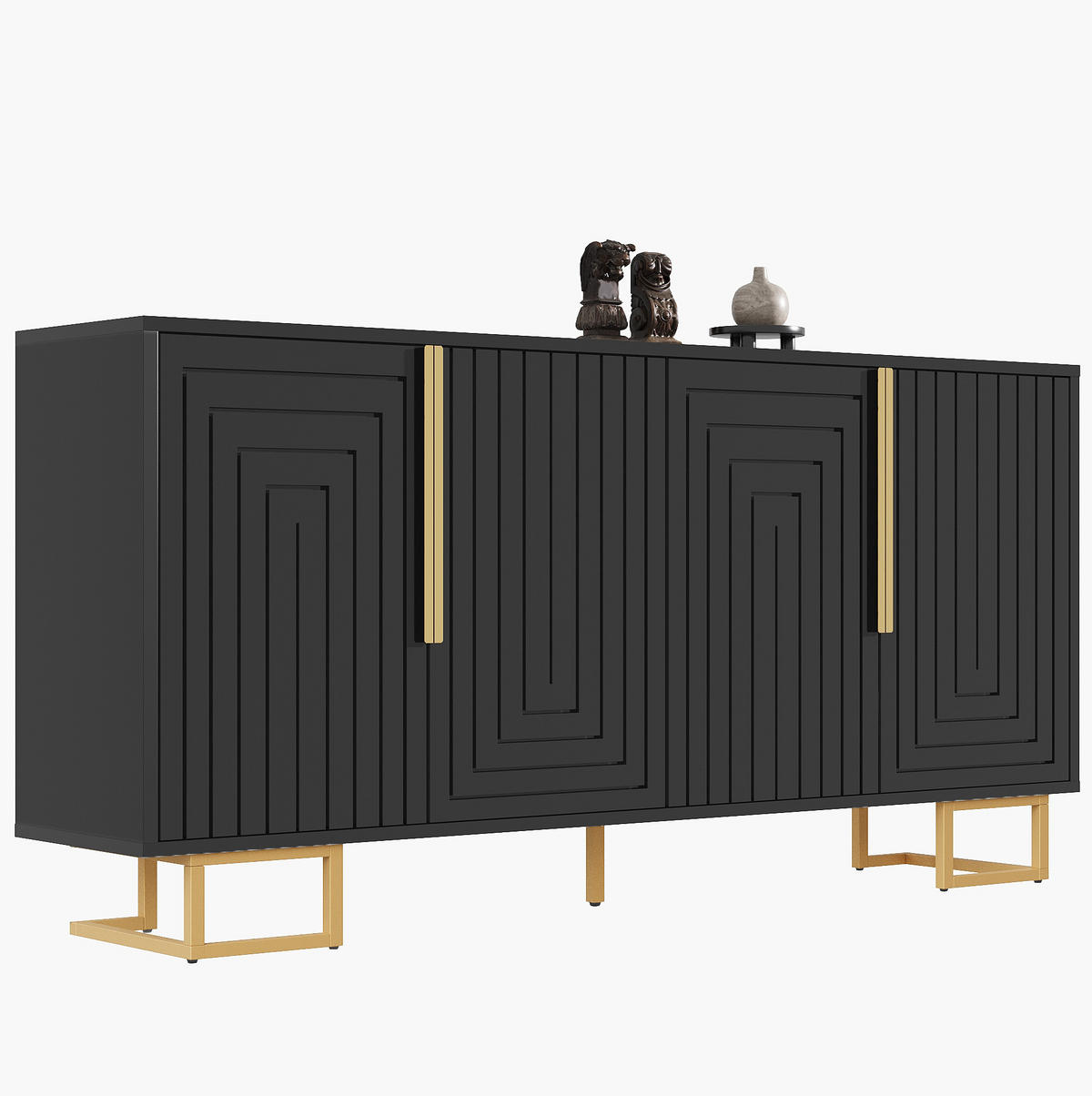 KOMODA 152/40/75 cm čierna s geometrickými dvierkami a kovovými nohami z MDF - čierna, kompozitné drevo (152/75/40cm) - OKWISH
