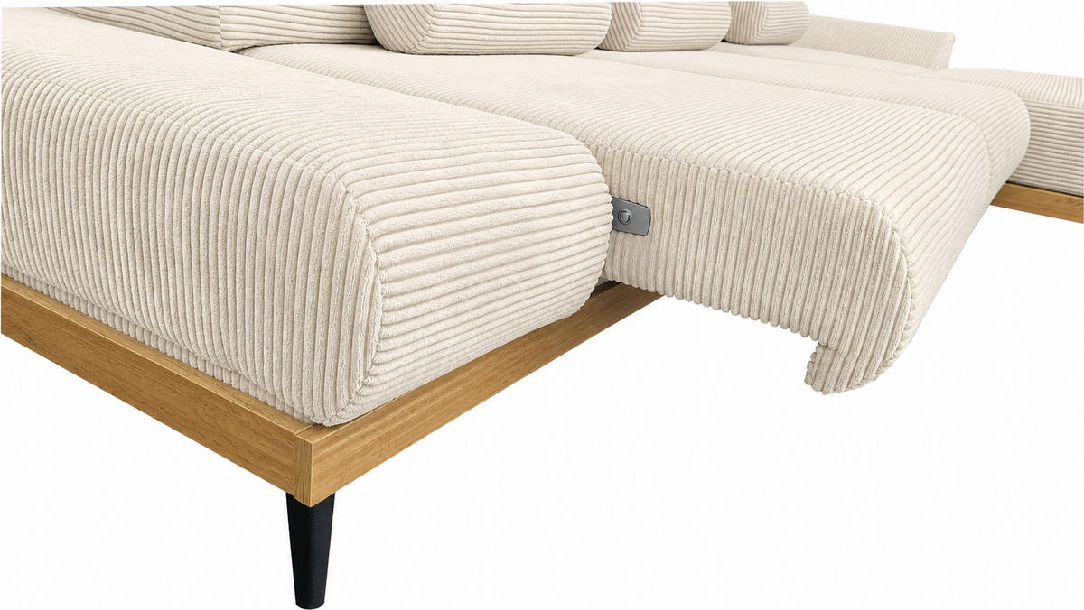 ECKSOFA MONTERO links, Ecru, elektr. Sitztiefe & Kopfstützen - Ecru/Schwarz, Textil/Metall (316/205cm) - KS Home Concept