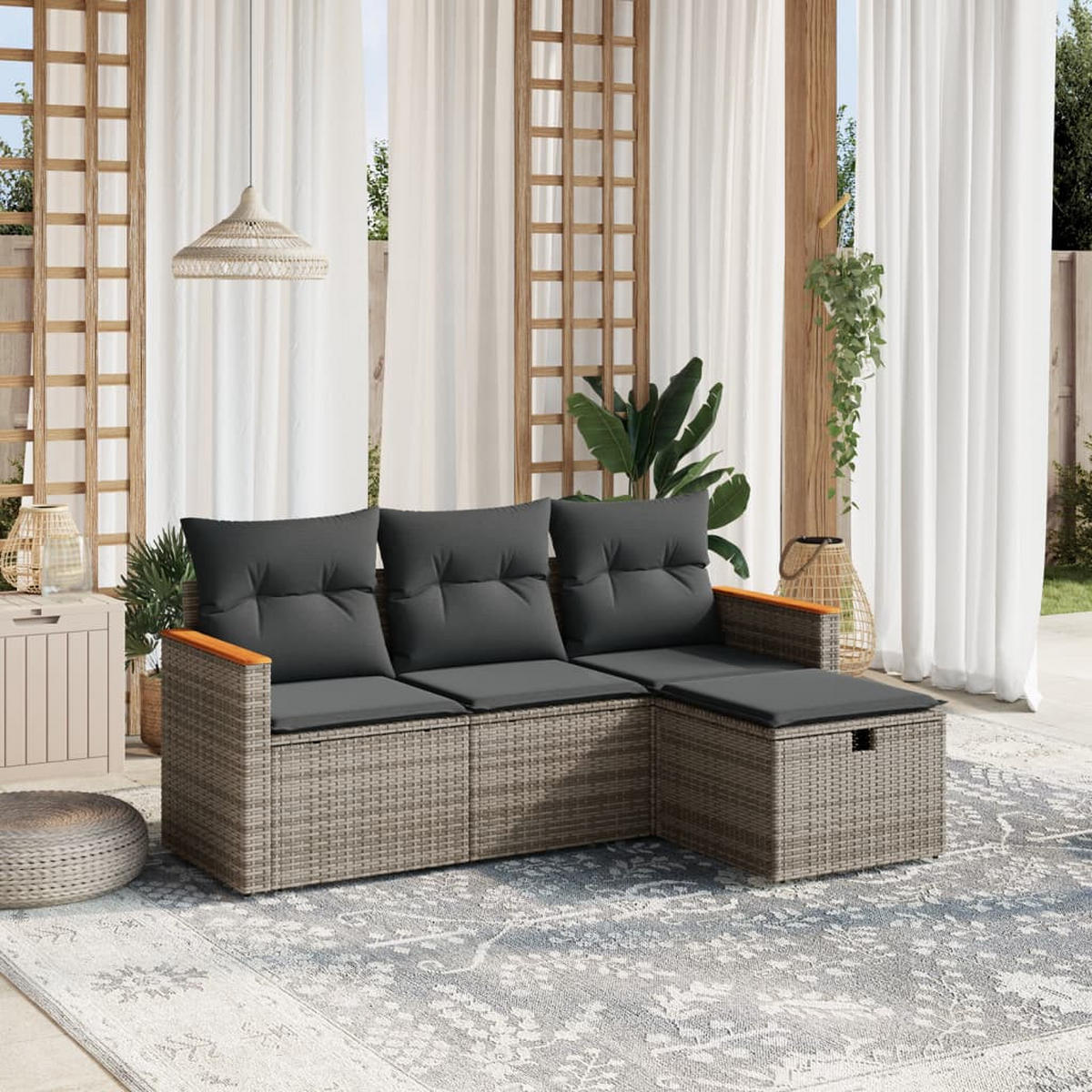 GARTEN-SOFAGARNITUR 4-teilig Mit Kissen Grau Poly Rattan - Grau, Kunststoff - vidaXL
