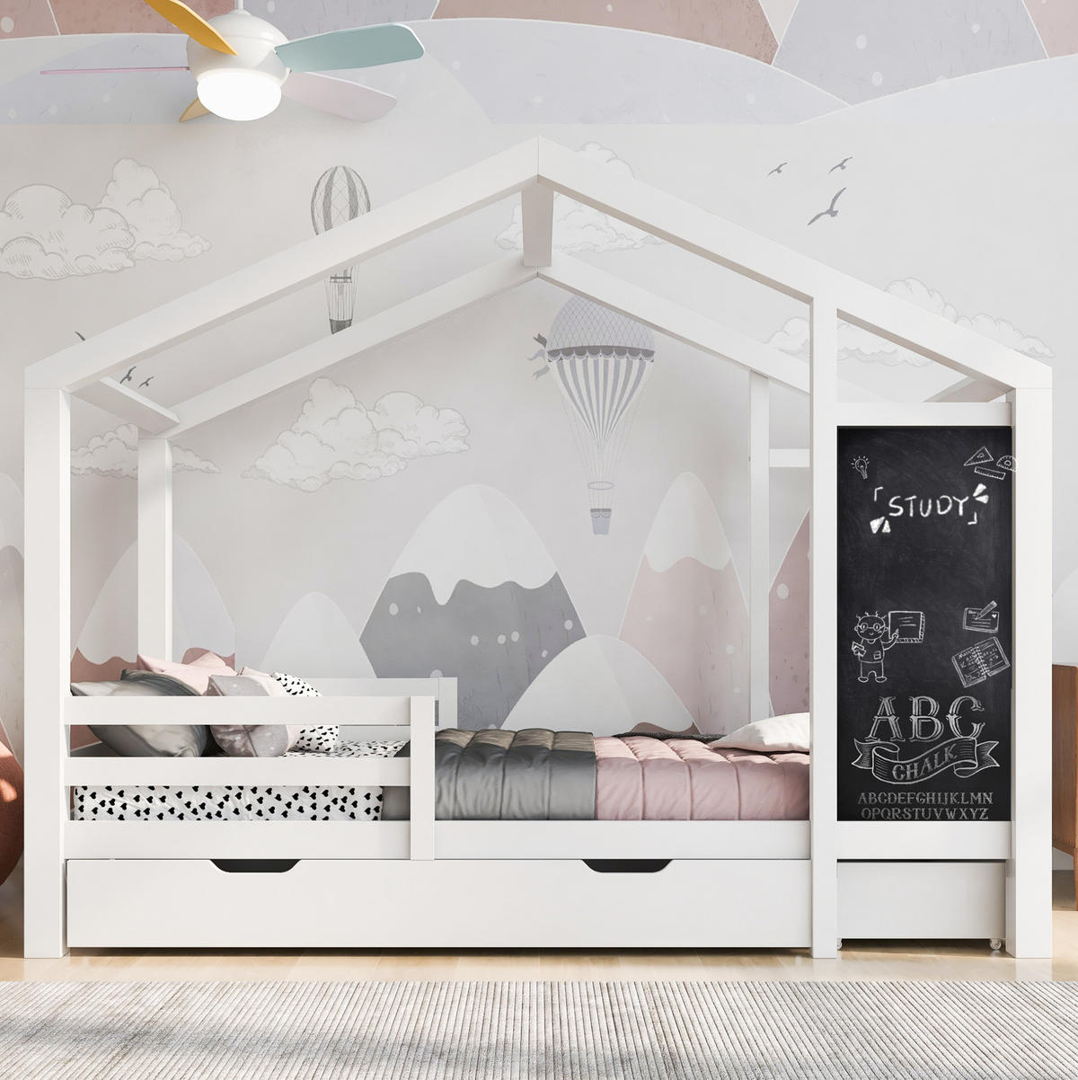 HAUSBETT 90/200 cm in Weiß – mit Dachaufbau, Tafel und 2 Schubladen - Weiß, Holz (90/200cm) - BEAOK