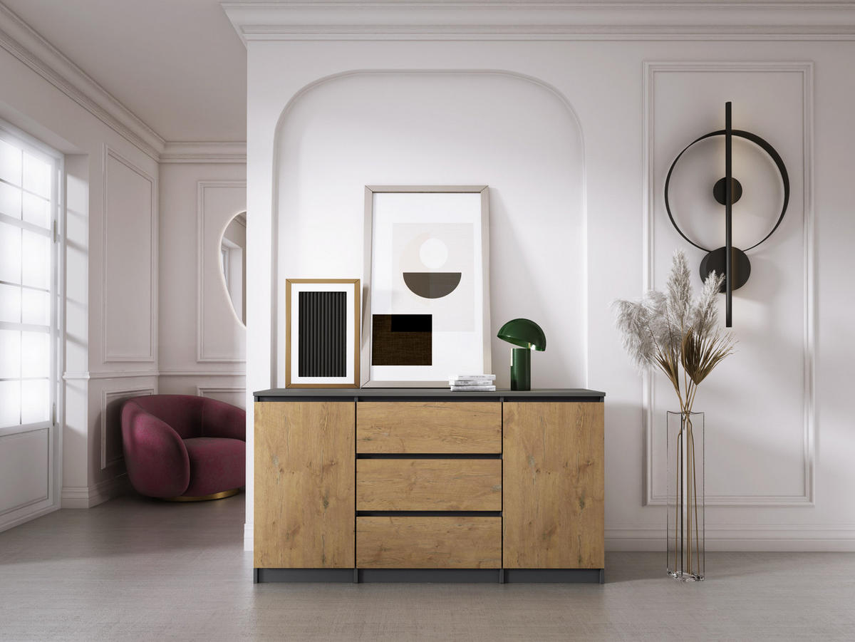 KOMMODE : 3 Schubladen und 2 Türen, Farbe: Anthrazit / Lancelot-Eiche, 140 x 79 x 39 cm - Eichefarben/Grau, Holzwerkstoff (138/78/39cm) - 3XE LIVING