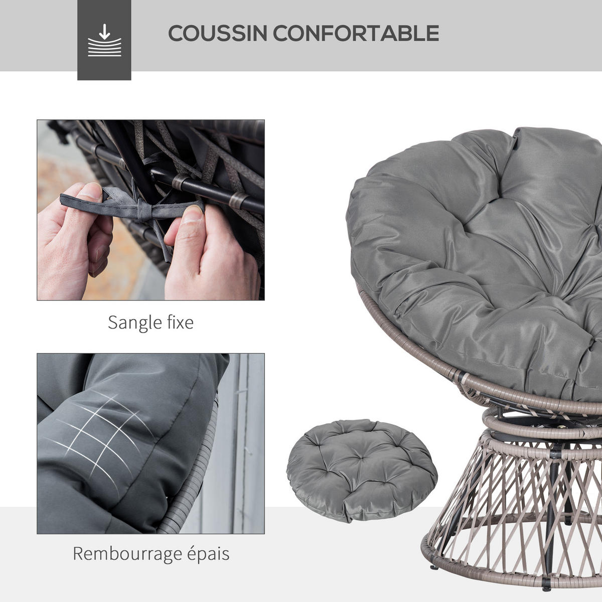 GARTEN-RELAXSESSEL DE-13563 360° drehbar, geflochtene Resine Grau - Grau, Metall (97/86/87cm) - ComfortXL