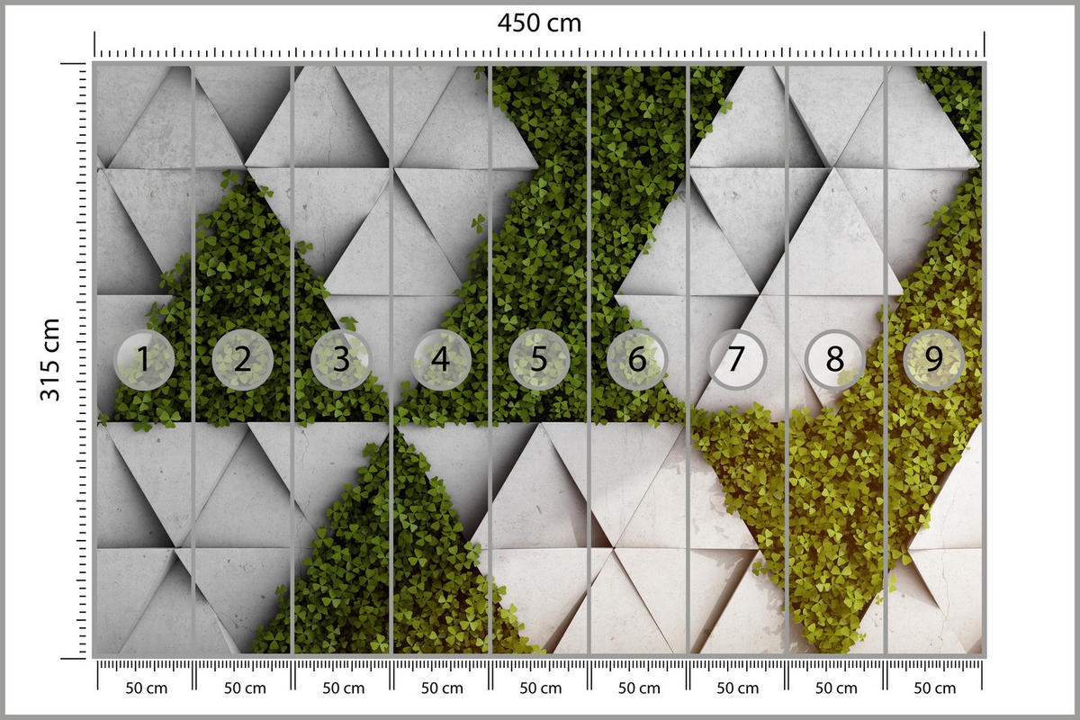 FOTOTAPETE für Wohnzimmer Klee Beton Dreiecke Abstraktion Modern 450x315 - Grau/Grün, Papier (450/315cm) - Muralo