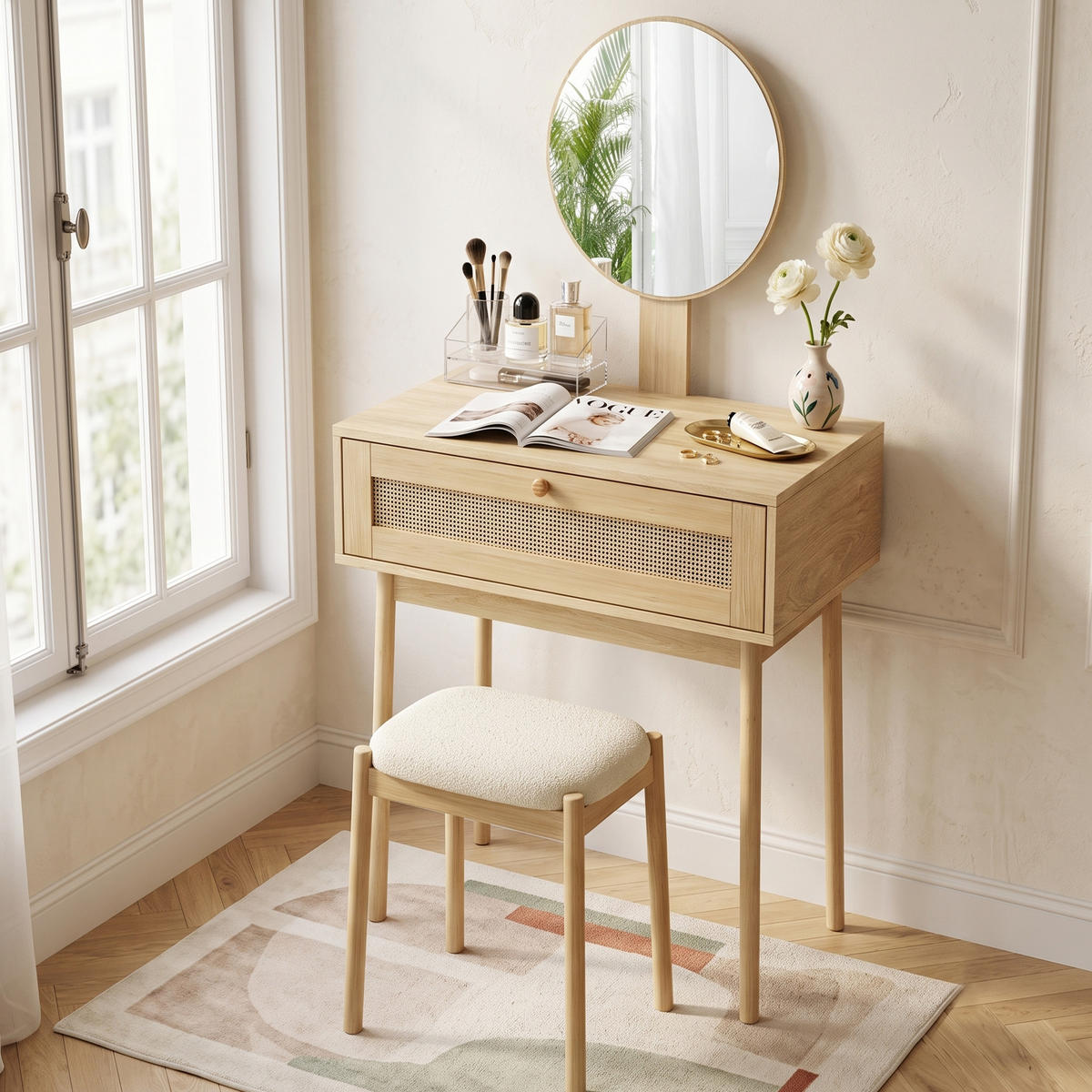 SCHMINKTISCH Rattan Eiche Optik mit Spiegel & Schublade Boho Kompakt - Eichefarben, Holzwerkstoff (60/128/50cm) - Urban Meuble