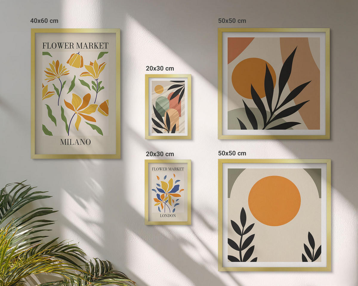 WANDBILDER 5er Set - 50x50 cm & 20x30 cm & 40x60 cm Goldrahmen - Abstrakte geometrische Formen - Goldfarben, Kunststoff (40/60cm) - ArtPrintCave