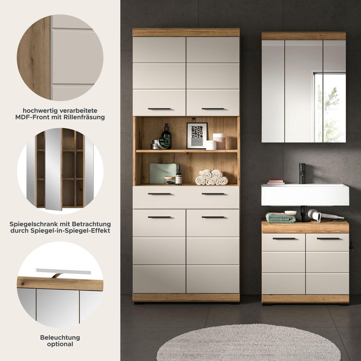BAD-SET SCOUT 3-tlg. (B/H/T: ca. 149/191/34 cm) in Evoak Oak Nachbildung/- - Eichefarben, Holz (149/191/34cm)