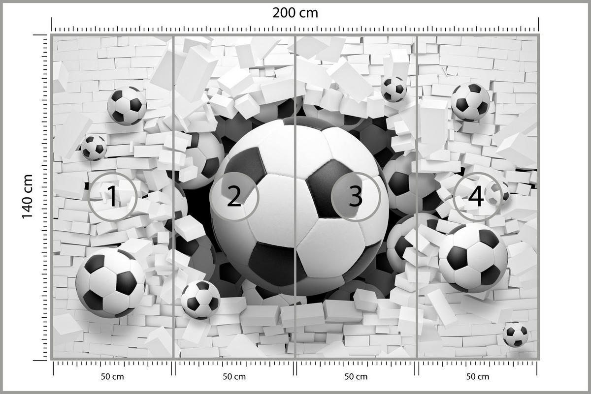 FOTOTAPETA Pre Študentskú Izbu Futbalové Lopty Biela Tehlová Stena Šport 200 x 140 cm - čierna/sivá, papier (200/140cm) - Muralo