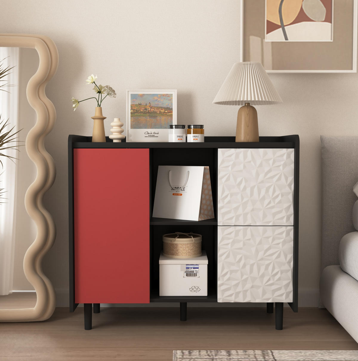 SIDEBOARD 90/40/80 cm mit 2 Schubladen & offenen Fächern in Schwarz/Rot - Rot, Holzwerkstoff (90/80/40cm) - BEAOK