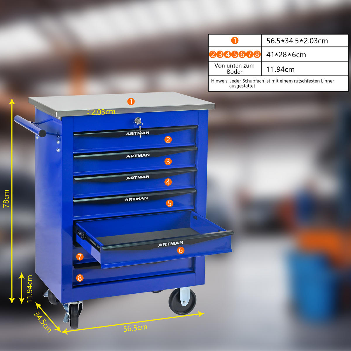 WERKZEUGWAGEN Metall mit Rollen – 7 Schubladen, Edelstahlablage, Werkstattwagen für Garage & Werkstatt, Schwarz/Blau - Blau, Metall (34.5/78/62.5cm) - Ej. Life