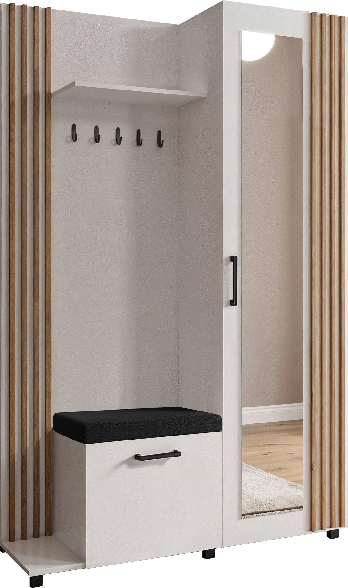 GARDEROBE Linaro mit Spiegel, Sitzbank in Lamellen-Optik 137/207/42 cm, Links - Schwarz/Weiß, Holzwerkstoff (137/207/42cm) - WFL GROUP