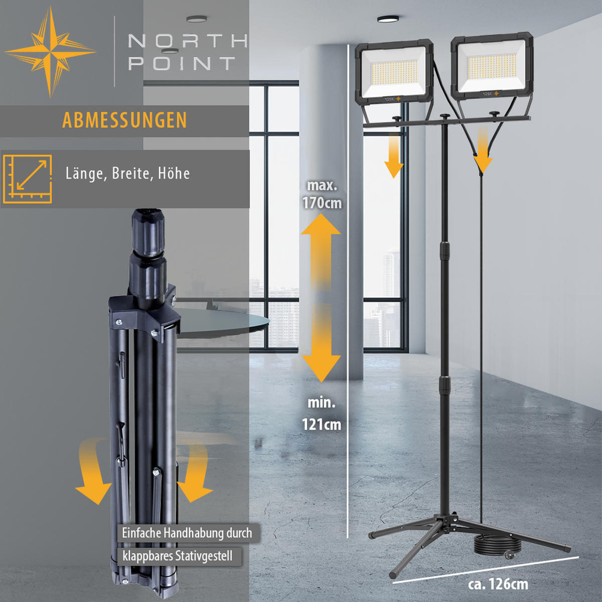 LED-DOPPELBAUSTRAHLER mit Stativ (2x150W, 2x12500 Lumen, 1,70m) - Schwarz, Metall (126/126/167cm) - Northpoint