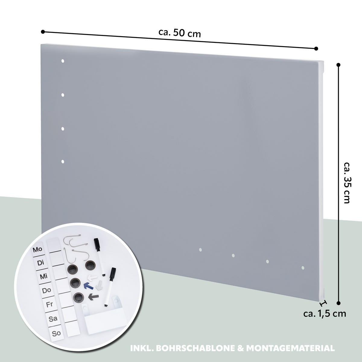 MAGNETTAFEL inkl. Zubehör, Metall grau - Grau, Metall (50/35/1.5cm) - bremermann