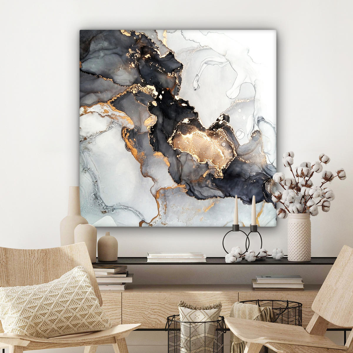 LEINWANDBILD Marmor - Schwarz - Weiß - Gold - Luxus - Abstrakt 90x90 cm - Goldfarben, Textil (90/90cm) - MuchoWow