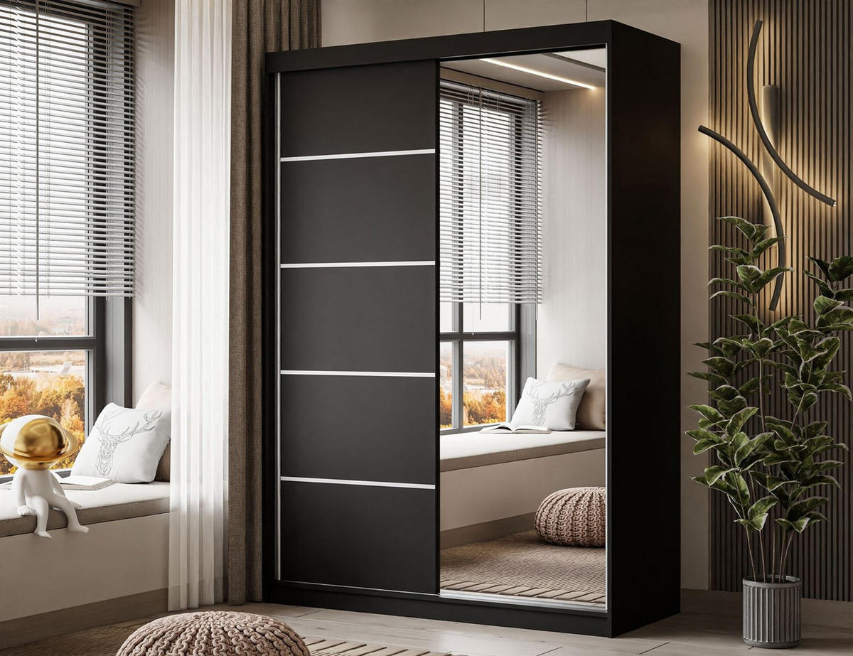 KLEIDERSCHRANK CAMARO II PLUS 150 cm mit Spiegel Schiebetürenschrank Schwarz - Schwarz, Holzwerkstoff (150/215/59cm) - Lookway
