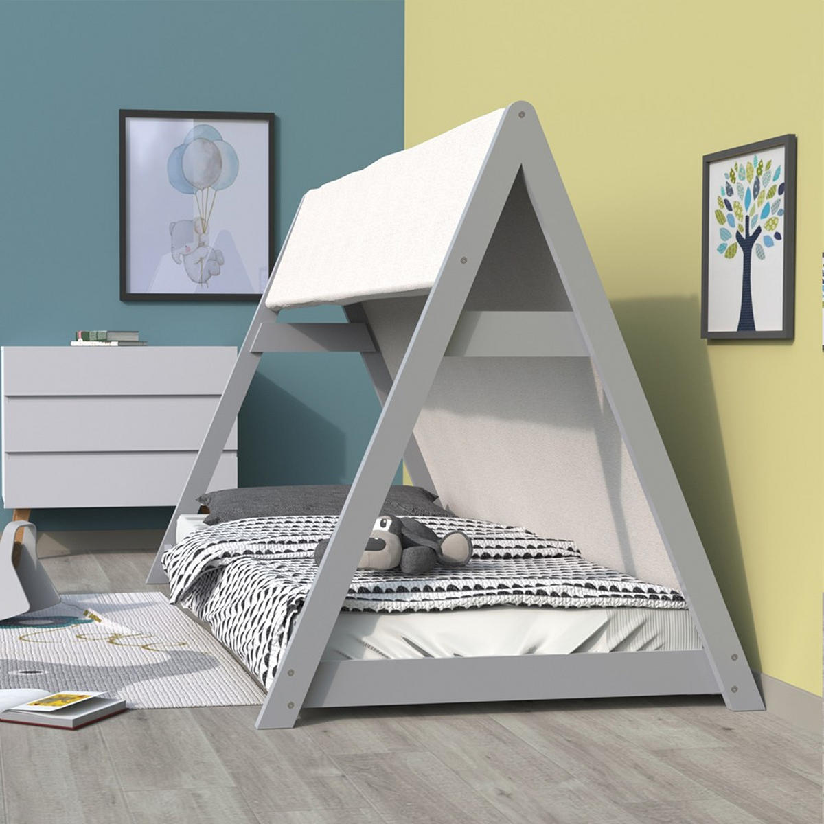 HAUSBETT TIPI/ Kinderbett 90x200 mit Stoff und Lattenrost- Grau - Grau, Holz (90/200cm) - Weber Industries