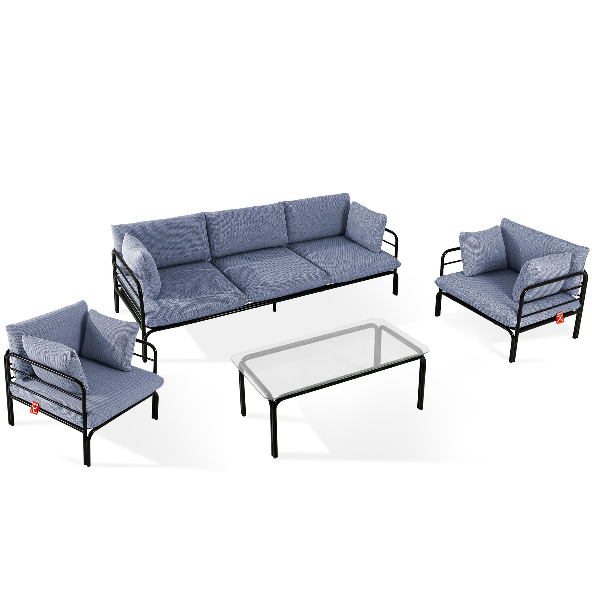 GARTENMÖBELSET RAMBE 4-tlg. 1x Tisch 2x Sessel 1x Sofa 3-Sitzer, mit Auflage, Stahlrahmen, LOFT-STIL, Anthrazit - Anthrazit/Dunkelblau, Glas/Textil - KONSIMO®