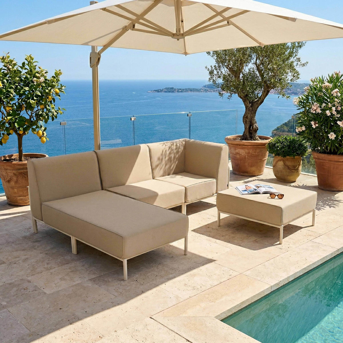 GARTENSOFA mit 4 Sitzplätzen, Beige - Beige, Textil (153/78/272cm) - Oviala