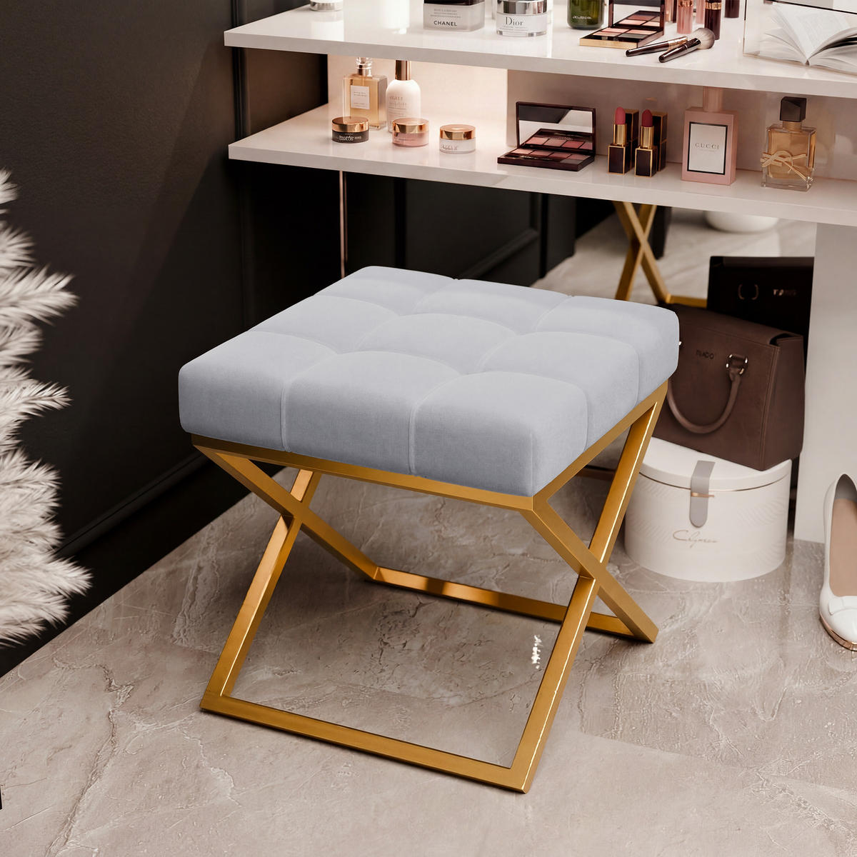 HOCKER LIND 45/45/45 cm, Goldfarben / Grau - Goldfarben/Grau, Textil/Metall (45/45/45cm) - Idohome