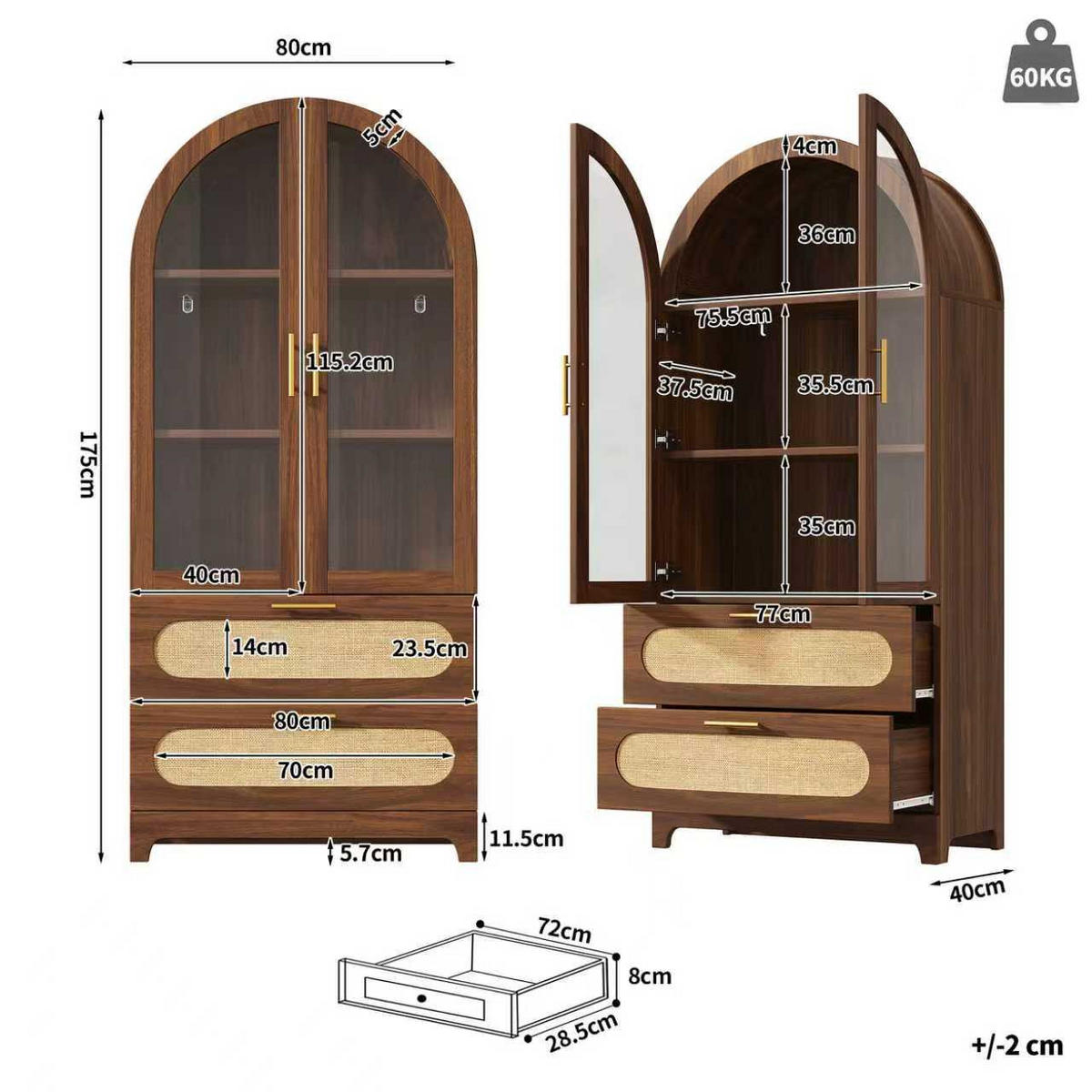 VITRINE in Nussbaum Bücherregal mit 2 Schubladen und verstellbaren Böden, H175/B80/T40cm - Transparent/Naturfarben, Glas/Holzwerkstoff (80/175/40cm) - STILVORA