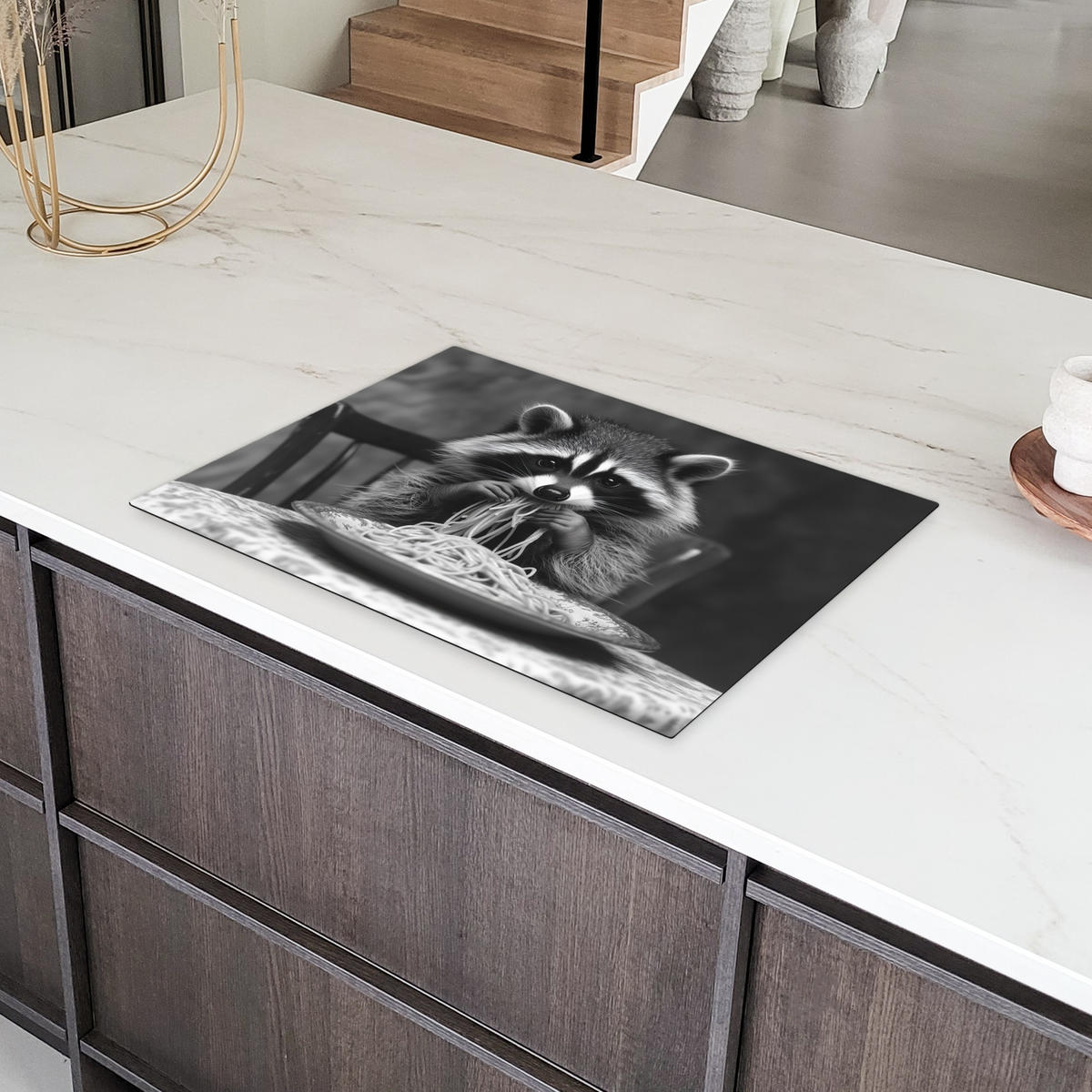 HERDABDECKPLATTE Waschbär - Niedlich - Pasta - Tischtuch - Schwarz - Weiß Herdabdeckung Induktionsfeld 75x52 cm - Grau, Kunststoff (75/52/0.2cm) - MuchoWow