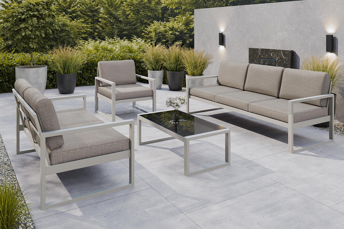 GARTENSET Madera für 6 Personen Balkonmöbel Aluminium Terassenmöbel Sitzbank, 4-tlg. Tisch kaschmir, graubeige - Kaschmir/Beige, Kunststoff/Metall - Margaret Hadas24