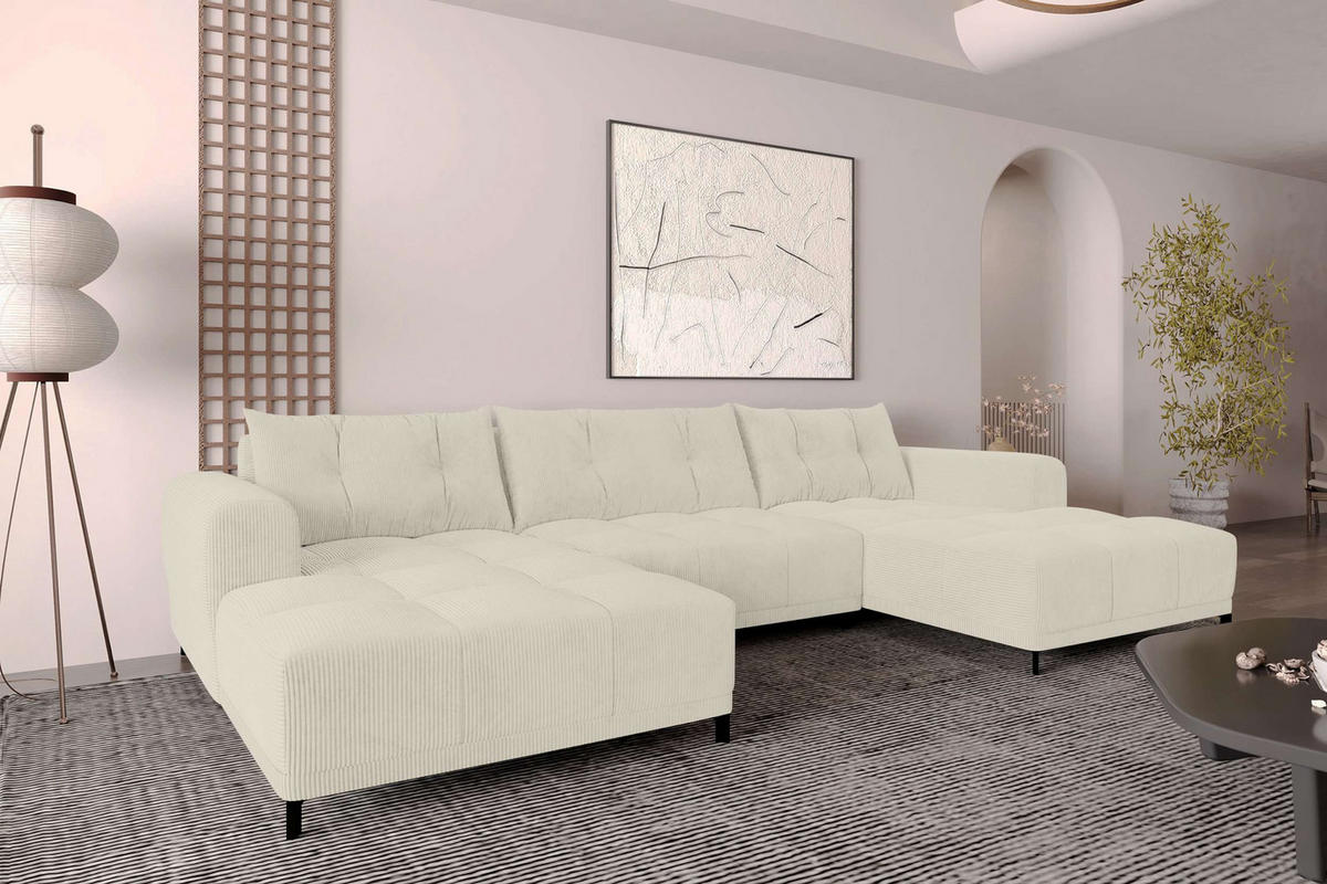 WOHNLANDSCHAFT Massimo Cordstoff Creme inkl. Schlaffunktion - Creme/Schwarz, Textil/Metall (356/94/181cm) - 99rooms