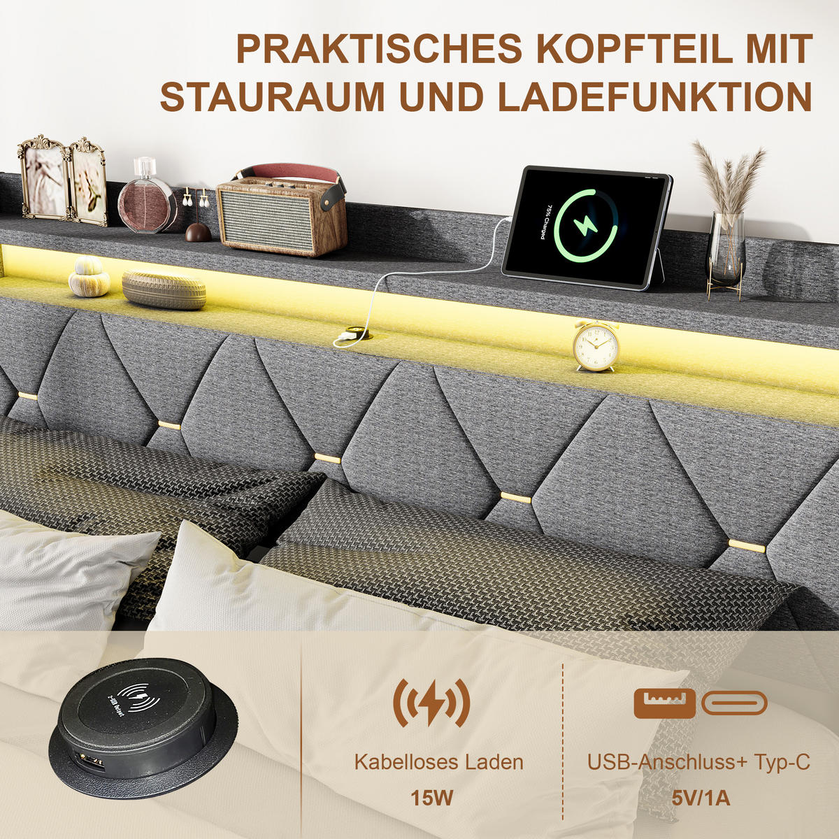 STAURAUMBETT 140x200 cm mit kabellosem Laden,USB-/Typ-C, LED, hydraulischer Stauraum, Leinenstoff, Grau - Grau, Holz (140/200cm) - BRILVERDE