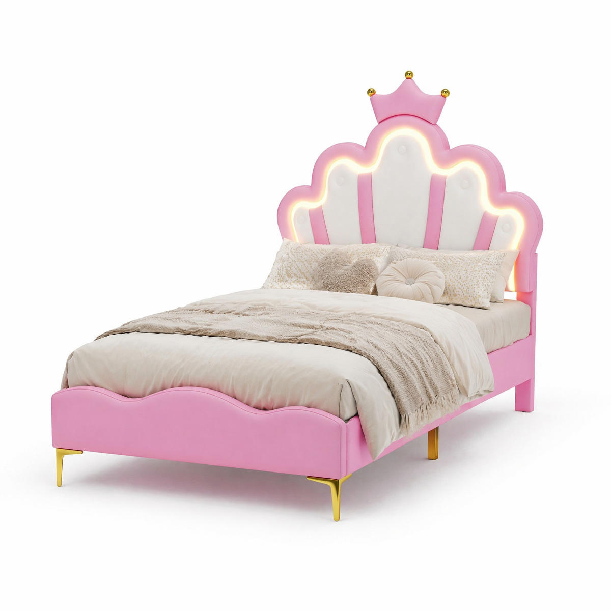 KINDERBETT 90/200 cm in Rosa mit LED und Krone - Rosa, Holzwerkstoff/Textil (90/200cm) - CHICFURN