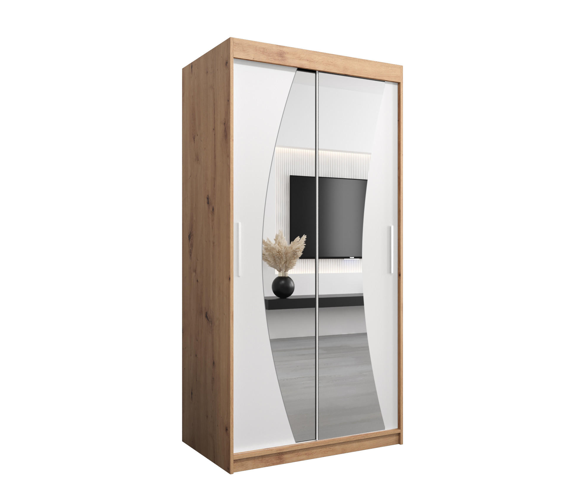 Abiks Möbel Schwebetürenschrank Eiche Artisan, Weiß 100x200x62 cm