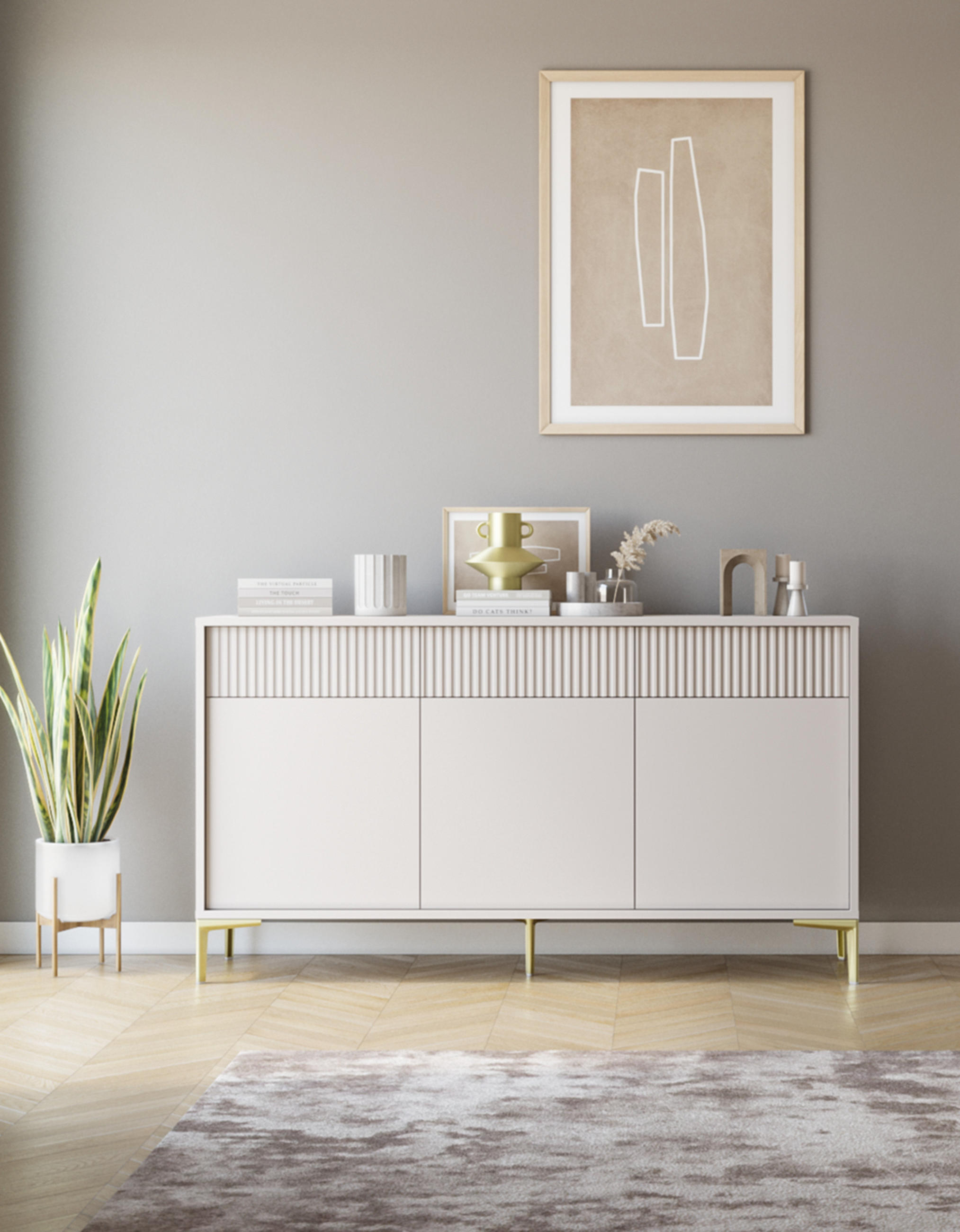 SIDEBOARD Urgano 3T3S Beige 152/84/38 cm – 3 Türen 3 Schubladen - Beige/Goldfarben, Holzwerkstoff/Metall (152/84/38cm) - AX Living