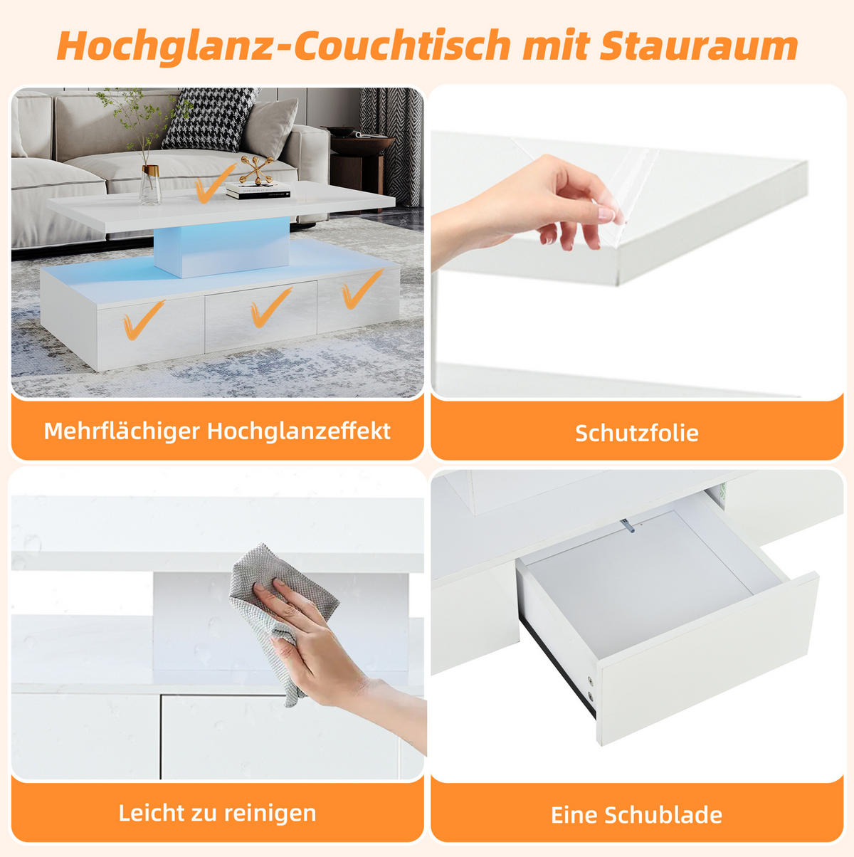 COUCHTISCH 100/50/39 cm in Weiß mit LED-Beleuchtung, Hochglanz und Schublade - Weiß, Holzwerkstoff (100/50/39cm) - Flora Grace
