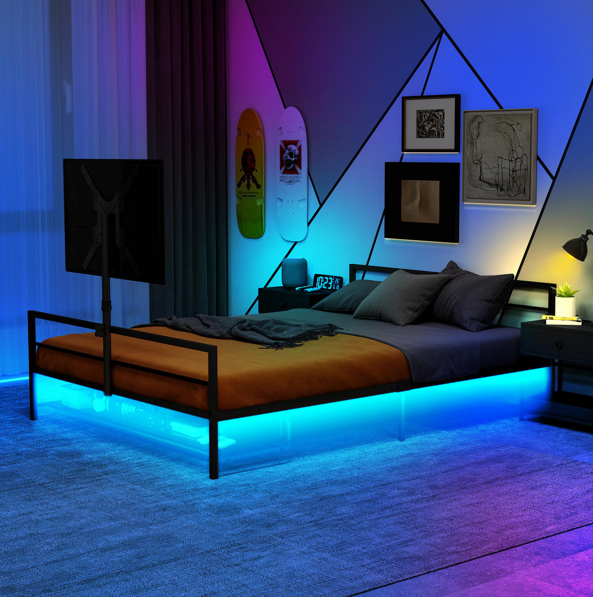 METALLBETT aus Eisen 90x200 cm Schwarz mit LED-Beleuchtung, verstellbarer Monitorhalterung und Aufbewahrungskorb - Schwarz, Metall (90/200cm) - Modfu