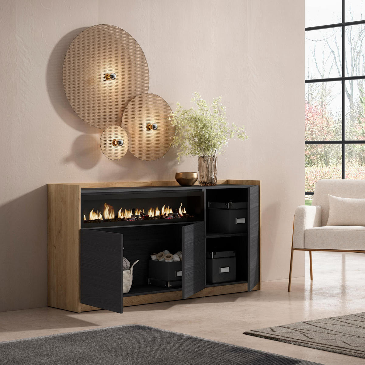 SIDEBOARD, Highboard, Schwarz Eiche, Elektrokamin, 156/37/80cm - Schwarz, Holzwerkstoff (156/80/37cm) - Skraut Home
