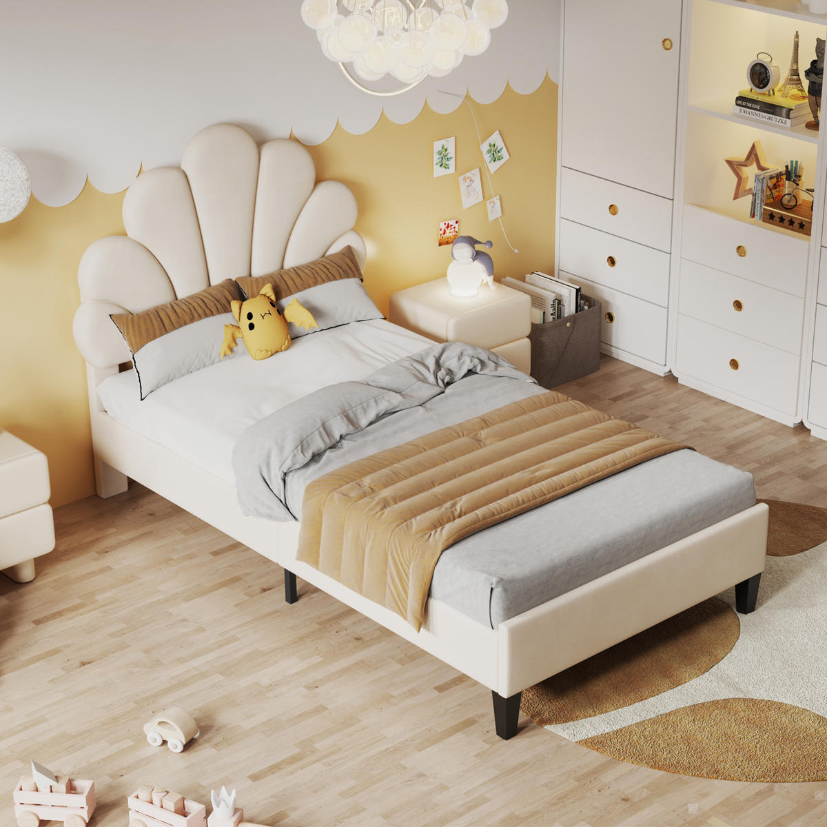 POLSTERBETT 90/200 cm aus Samt mit Kopfteil in Blumenform und Lattenrost Beige - Beige, Textil (90/200cm) - Modenvie