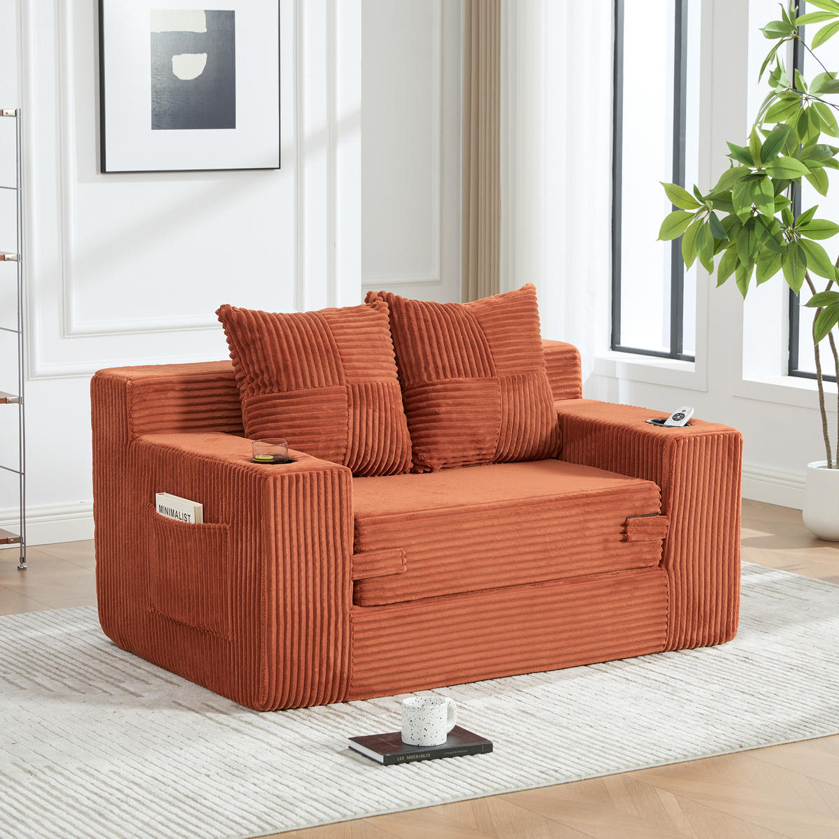 SCHLAFSOFA 2-in-1 mit Hocker, 2 Kissen und Becherhalter, DE-42913, Orange - Orange, Textil (133/64/87cm) - ComfortXL