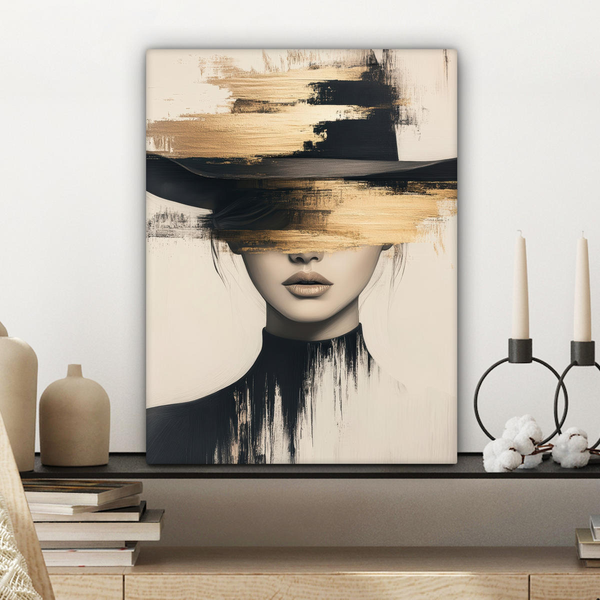 LEINWANDBILD Frau - Hut - Farbe 30x40 cm - Goldfarben, Textil (30/40cm) - MuchoWow