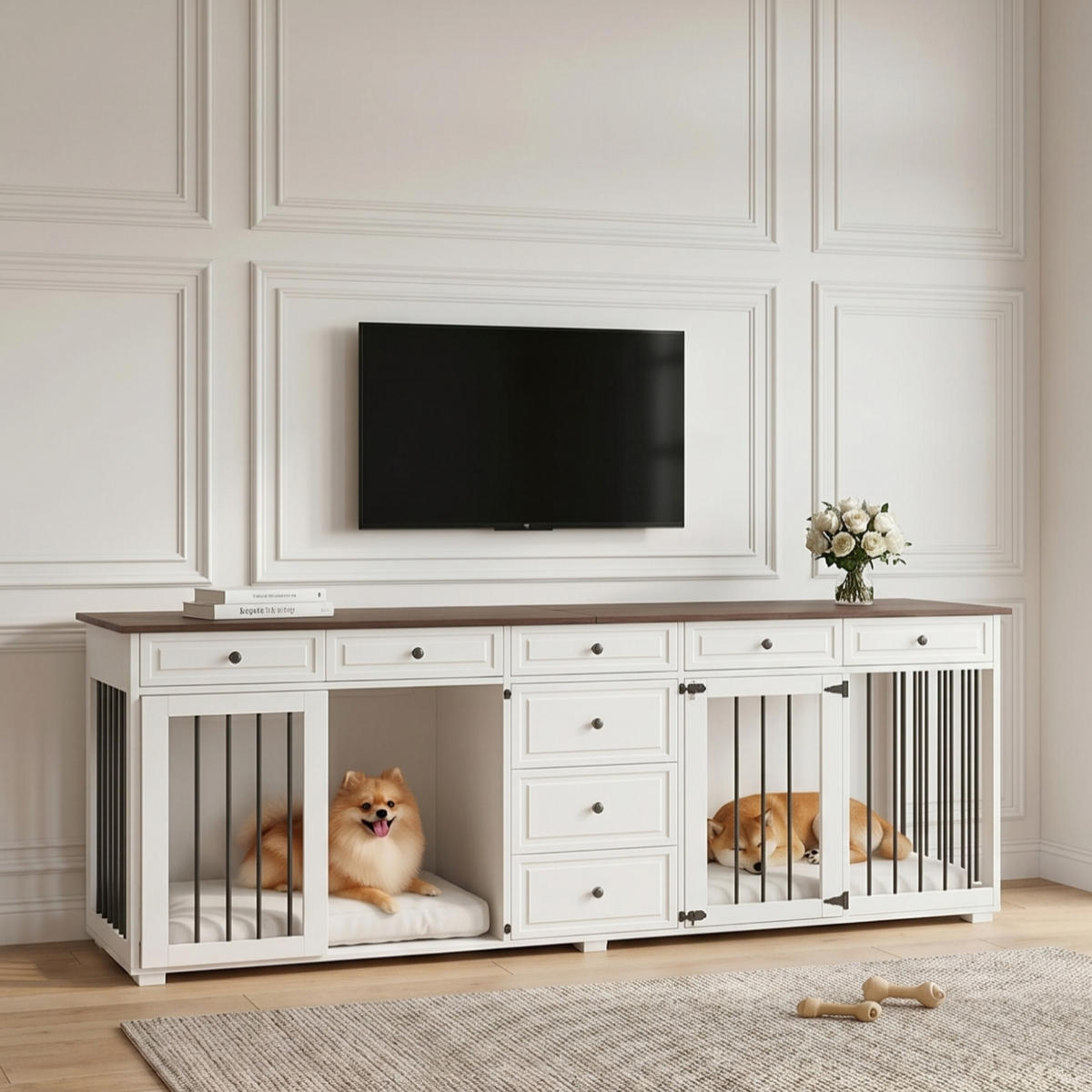 SIDEBOARD Weiß 200×60×85 cm aus MDF und Metall mit acht Schubladen und getrennten Staubereichen - Weiß, Holzwerkstoff (200/85/60cm) - Luhomfu