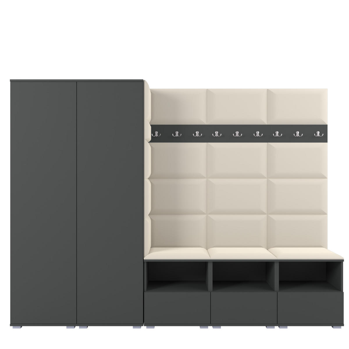 GARDEROBE NELA VII 250 cm (Modulare Flurmöbel XL Graphit mit Sitzpolster Creme 01 2 Schränke) - Silberfarben/Creme, Holz/Holzwerkstoff (250/187/40cm) - Ravio