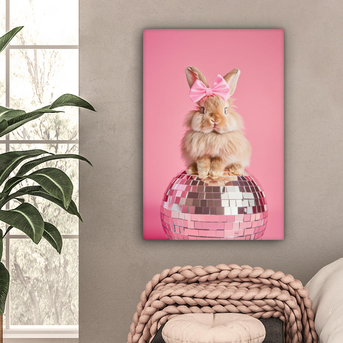LEINWANDBILD Schleife - Discoball - Kaninchen Wanddeko 40x60 cm - Pink, Textil (40/60cm) - MuchoWow