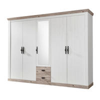 KLEIDERSCHRANK Pinie weiß, Oslo Pinie Landhaus, Drehtürenschrank 5-türig mit Spiegel, 265 x 201 cm - Anthrazit/Weiß, Holzwerkstoff/Metall (265/201/60cm) - Furn.Design