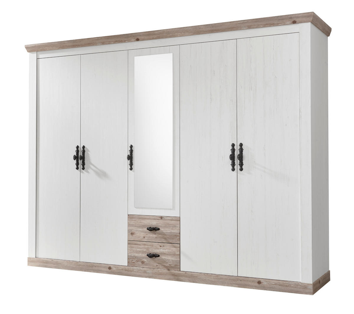 KLEIDERSCHRANK Pinie weiß, Oslo Pinie Landhaus, Drehtürenschrank 5-türig mit Spiegel, 265 x 201 cm - Anthrazit/Weiß, Holzwerkstoff/Metall (265/201/60cm) - Furn.Design