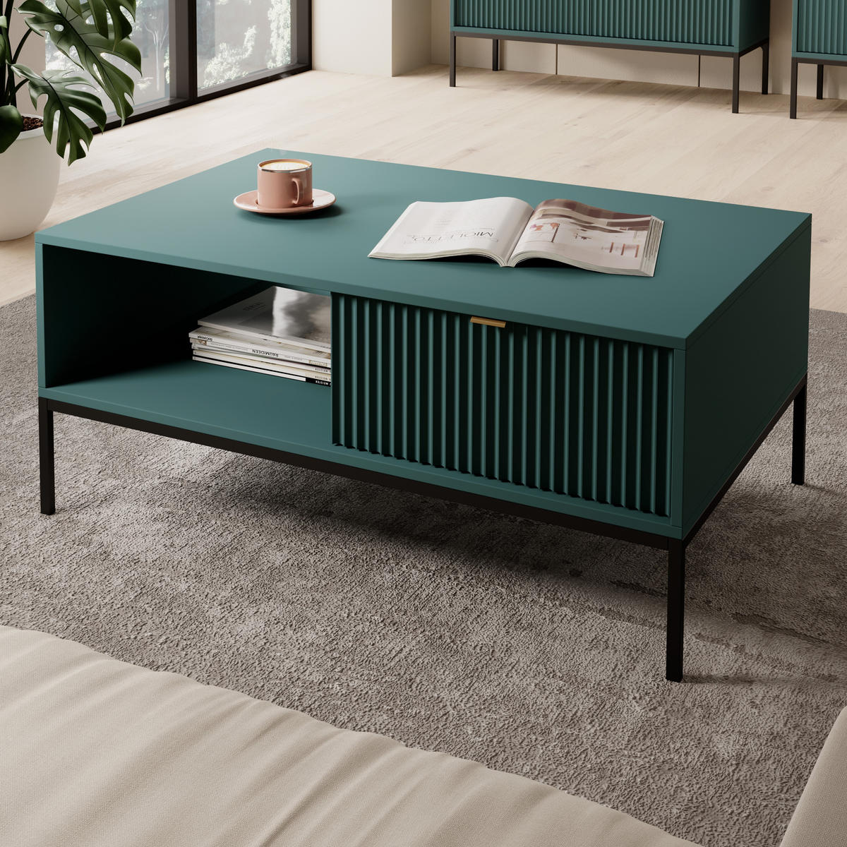 GRÜNER Moderner Geriffelter Couchtisch KIOTO Ł2SZ (Schwarzes Gestell, Vollauszug) - Goldfarben/Schwarz, Holz/Holzwerkstoff (68/104/46cm) - Ravio