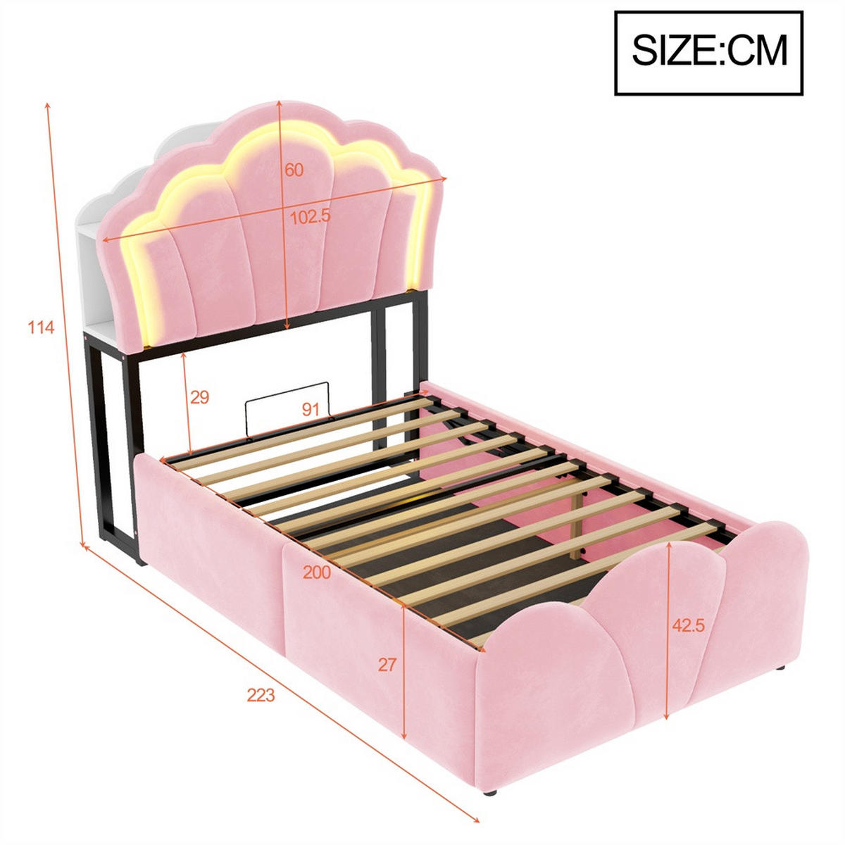 POLSTERBETT 90x200 cm mit hydraulischem Stauraum - LED Beleuchtung & Ladeanschluss - Rosa - ohne Matratze - Pink, Textil (90/200cm) - DELFA
