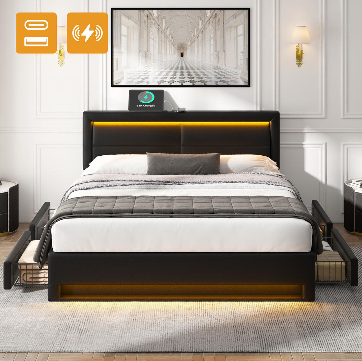 POLSTERBETT mit USB, LED und 4 Schubladen 140x200 cm PU Schwarz - Schwarz, Metall (140/200cm) - Meubliv