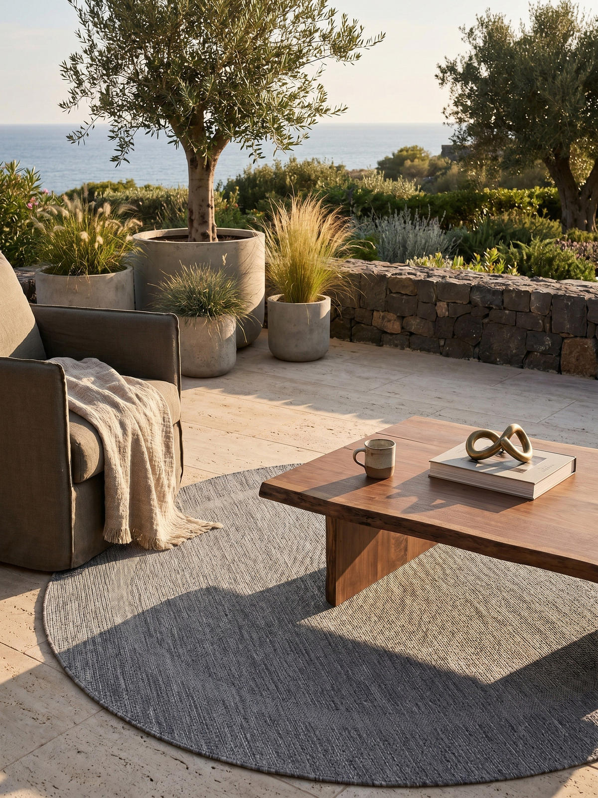 TEPPICH Balkon Unifarben Pflegeleicht Waschbar Terrasse Rund Grau 160x160 cm – ALSTER - Grau, Textil (160/160cm) - KADIMA DESIGN